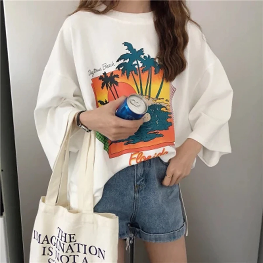 Летняя женская футболка с круглым вырезом Harajuku Kawaii оверсайз Ulzzang в Корейском