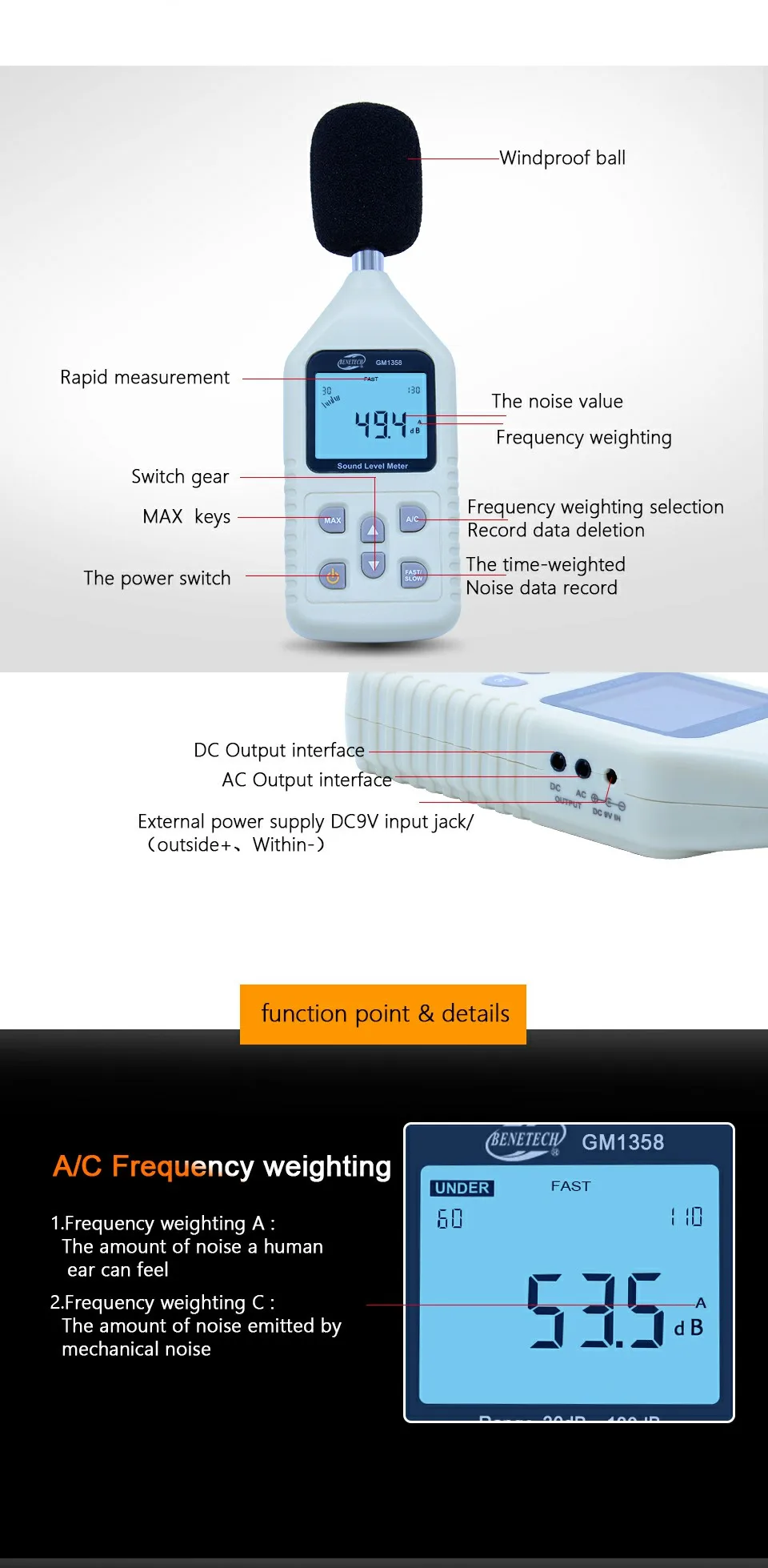 BENETECH цифровой измеритель уровня звука 30-130dBA GM1358 35~ 130dBC тестер шума A/C быстрый/медленный внутренний