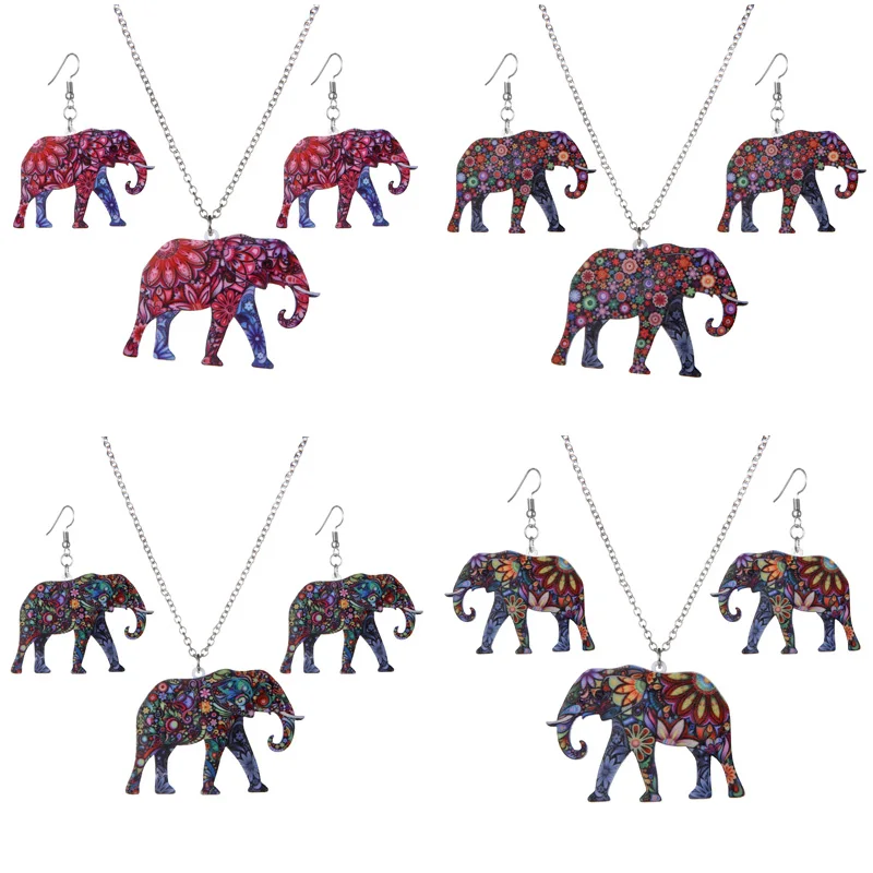 

Acrylic Enamel Elephant Jewelry Sets For women Animal Elephant Necklace Earring Set Unique Ethnic Jewelry set