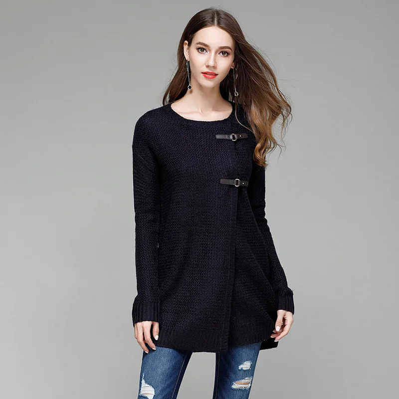 

European and American Autumn and winter new fashion women's large size solid color knit cardigan long sweater Slim jacket AL7850