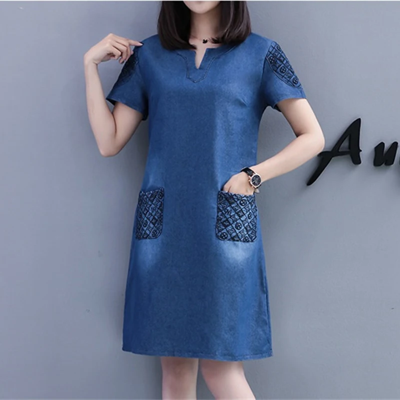 New Heat sell Short sleeve Denim Dress Women 2019 Summer Plus size 5XL Embroidery Jeans Dresses V-neck Thin Denim Dresses A2695
