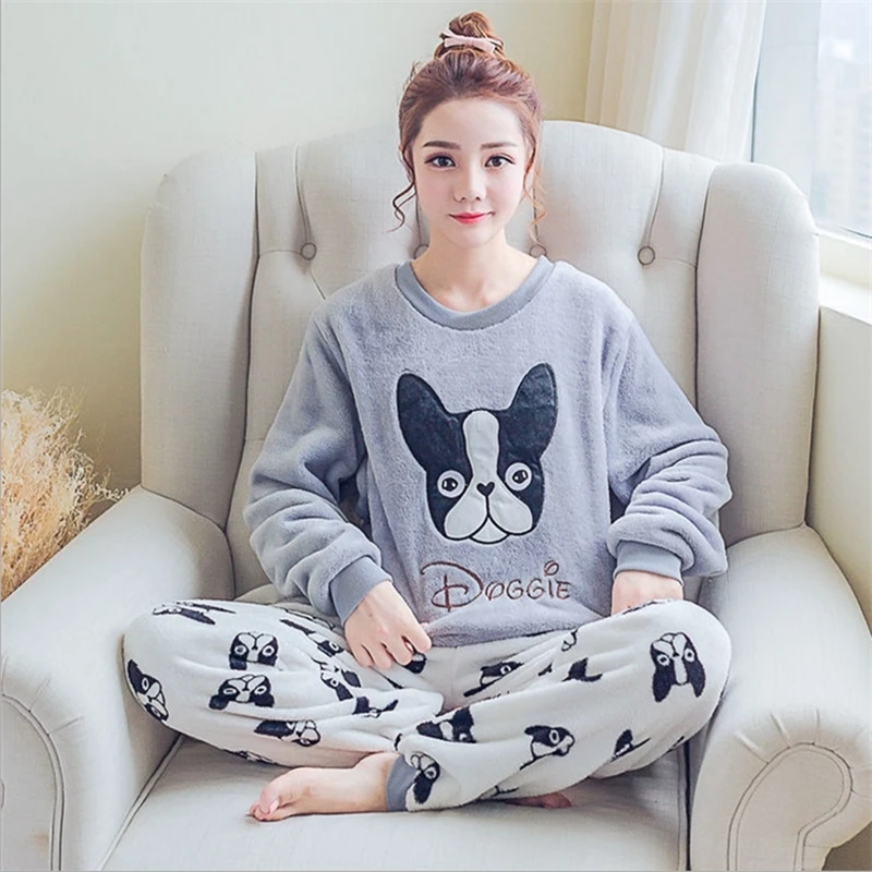 

Autumn Winter Womens Pajama Sets Soft Thick Flannel Cartoon Owl O Neck Long Sleeve Pullover + Pants Warm Sleepwear Mujer Primark