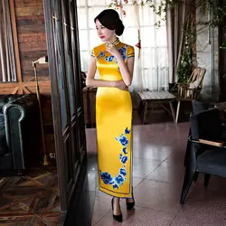 Современный Cheongsam Длинные Qipao Платья для женщин желтые элегантные летние Для женщин сексуальные цветы в традиционном китайском стиле