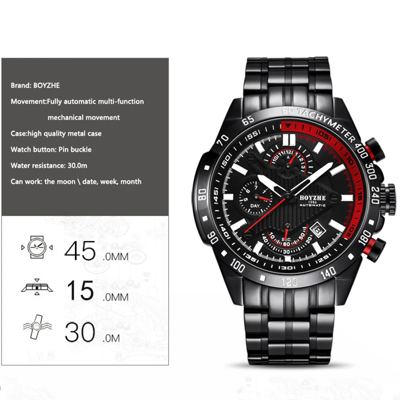 BOYZHE ووتش الرجال الفاخرة للماء التقويم مضيئة مؤشر متعددة الوظائف ساعات آلية التلقائي ووتش الرجال الصلب ساعة