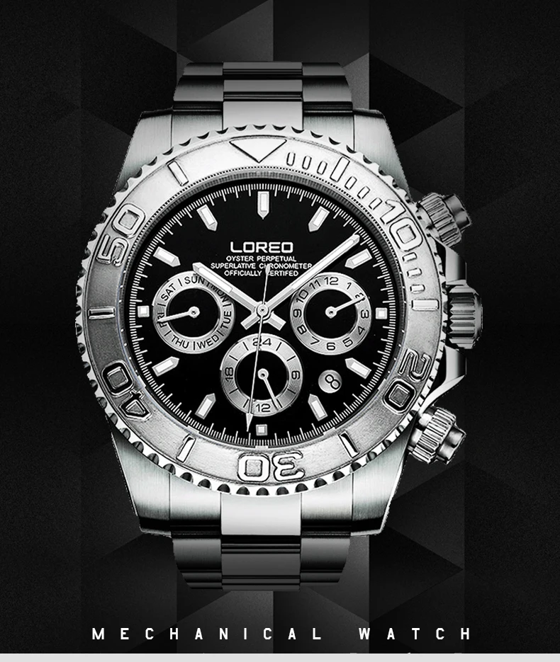 LOREO мужские спортивные многофункциональные часы со стальным циферблатом светящиеся 200 м водонепроницаемые автоматические механические наручные часы с месяцем, неделю, датой