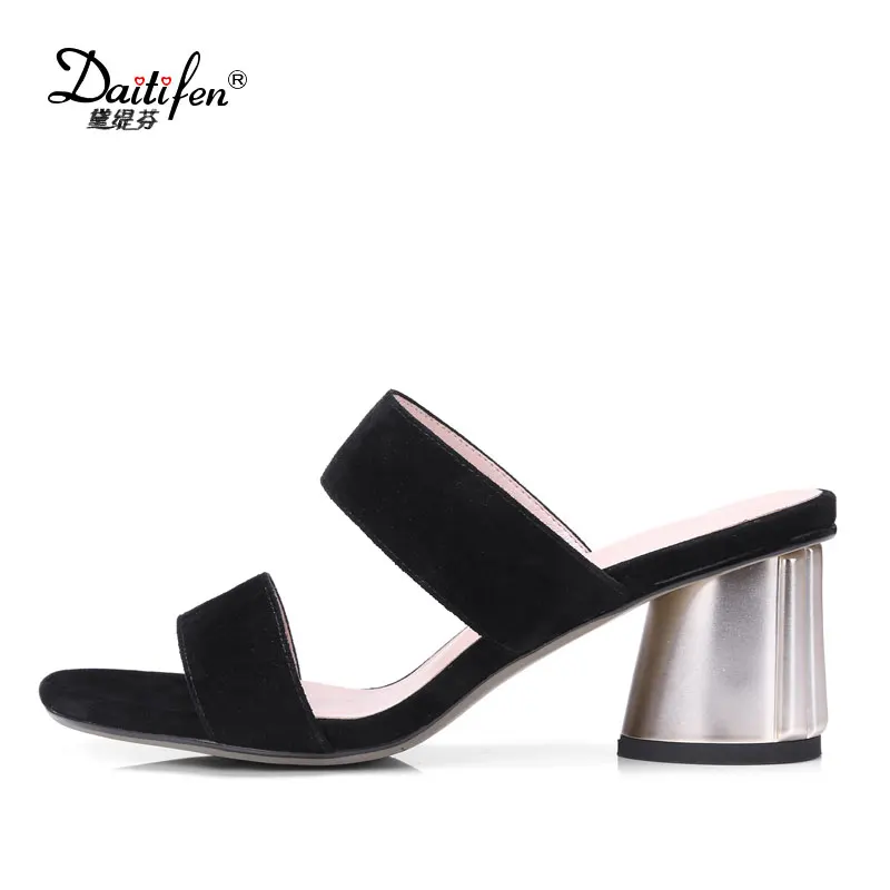 

Daitifen New Arrival Kid Suede Outside Slipper Peep Toe Square Heel Sandals Women Med Heel Summer Slingback Gorgeous size 42