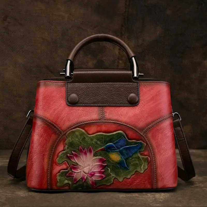 Женская сумка из натуральной кожи с тиснением, ручная работа, ручная работа, новинка, коровья кожа, Ретро стиль, цветочный рисунок, сумки через плечо и через плечо - Цвет: Красный