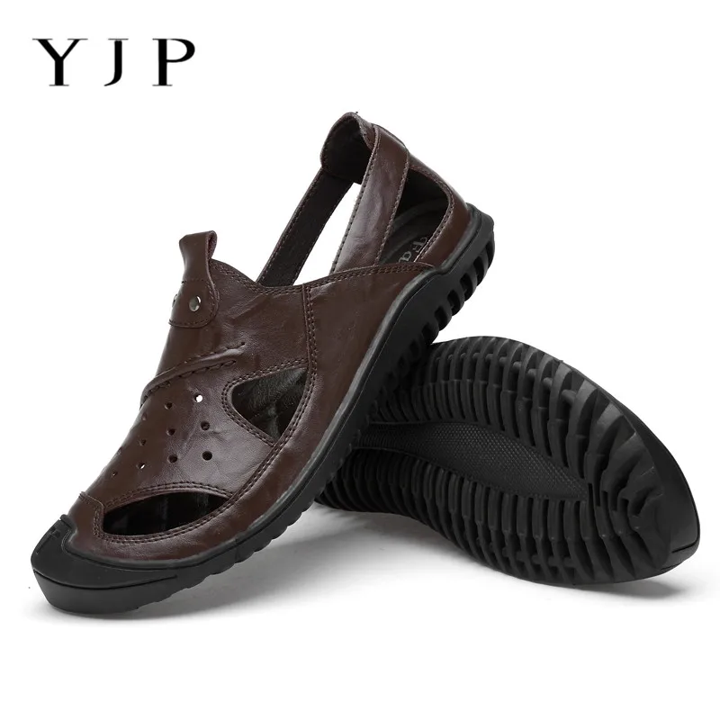 

YJP 2019 Men's Summer Genuine Leather Sandals Beach Sandals Casual Hiking Slip on Hollow Breathable Trend Outdoor Beach Sneakers
