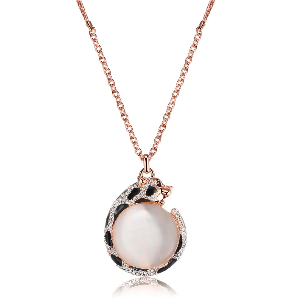 

Fashion Gold-color Opal Cubic Zirconia Black Leopard Animal Pendant Long Sweater Charms Necklace,30