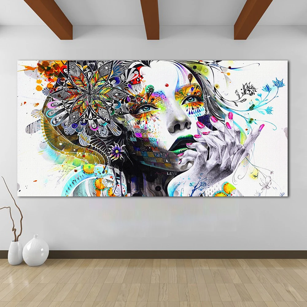 Большого размера современное искусство на холсте Девушка с цветами настенные картины для гостиной модульные картины украшение дома бескаркасные