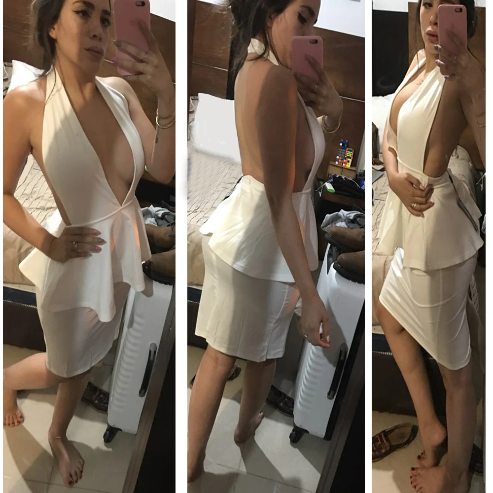FEIBUSHI/белое платье с баской, сексуальное платье с бретельками на шее и оборками, платье с баской без рукавов, плюс размер, платье-повязка до колена
