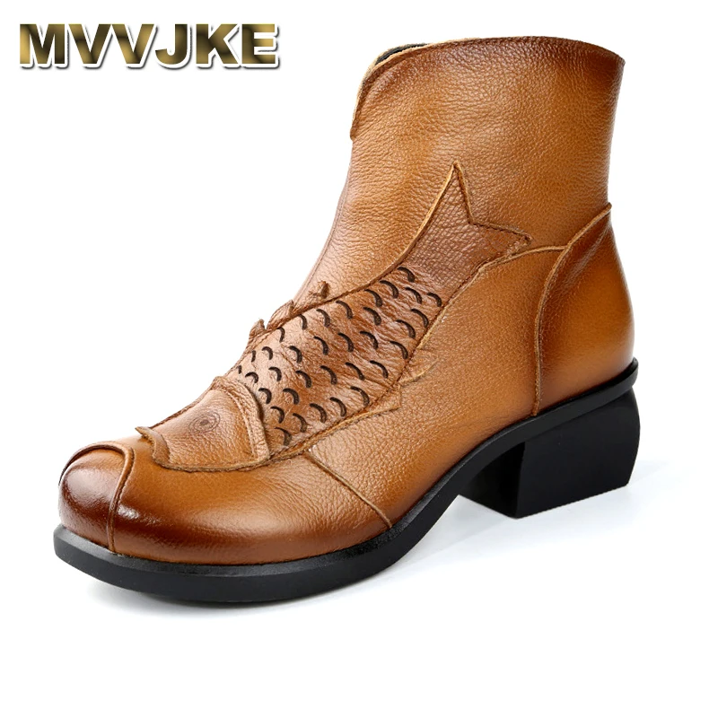 

MVVJKE 2018 Spring and Autumn Genuine Leather Martin Boots Medium Shoes Women's Fashion Round Toe Sapato Feminino Large Size