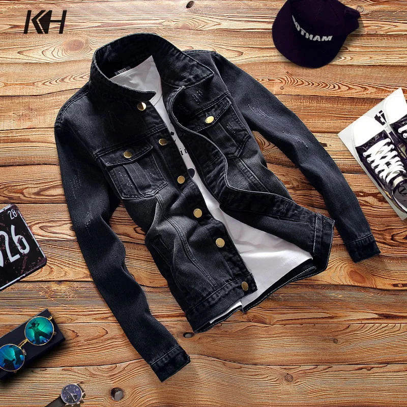 

KH New Solid color Men Denim Jacket Fashion Spring and Autumn Men's Simple Washed Slim Fit Retro Black Jeans Jacket Coat
