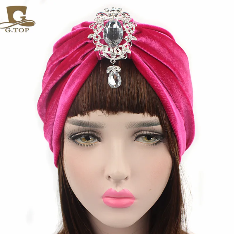 New velvet Turban detachable diamante pendant brooch head wrap christmas party glitter hat wedding