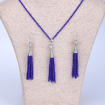 

New Fashion Glass Bead Long Necklace Set Tassel Seed Bead Dangle Drop Earrings For Woman Bridemaid Ethnic Jewelry Sets SET006