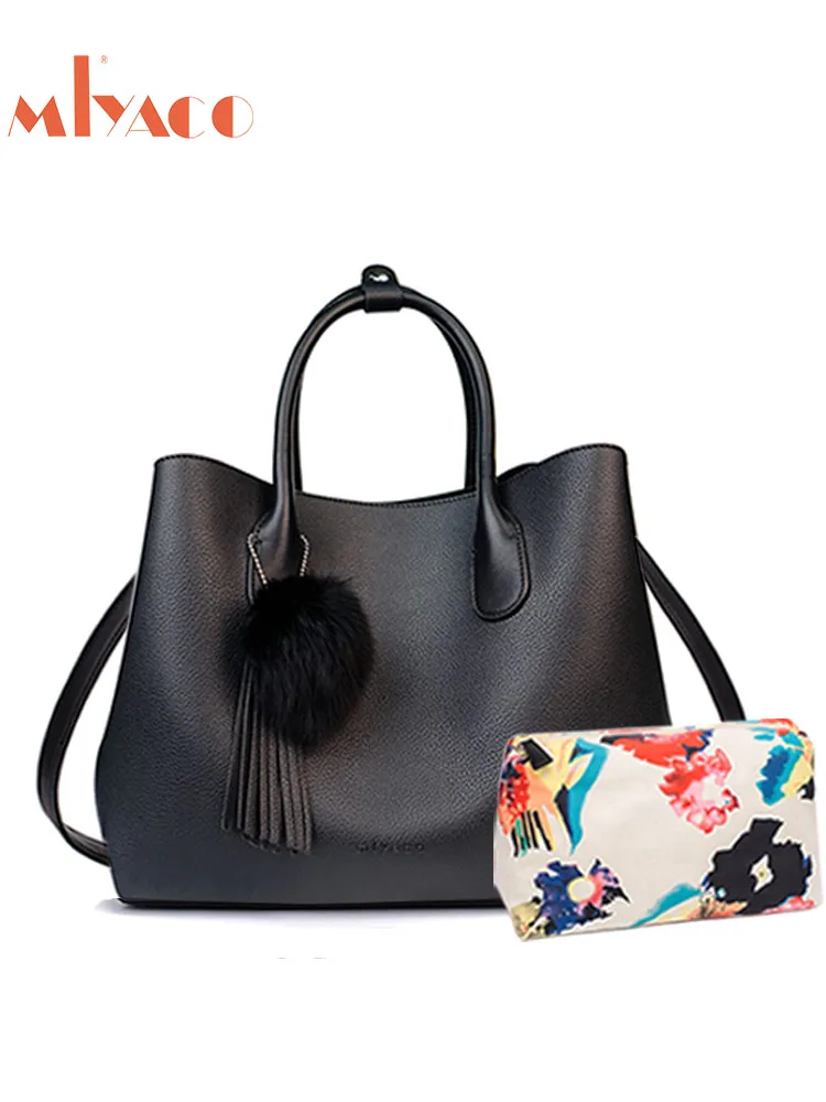 Miyaco Brand Women Handbags Dress Ladies Bag Small Casual Tote Black Leather Top-Handle Bag with Floral Pouch Miyaco Brand Women Handbags Dress Ladies Bag Small Casual Tote Black Leather Top-Handle Bag with Floral Pouch