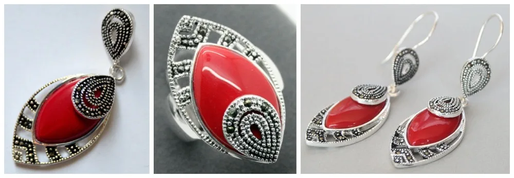

Lady's Red Carved Lacquer Marcasite 925 Sterling Silver heart Ring(#7-10) Earrings & Pandent jewelry sets