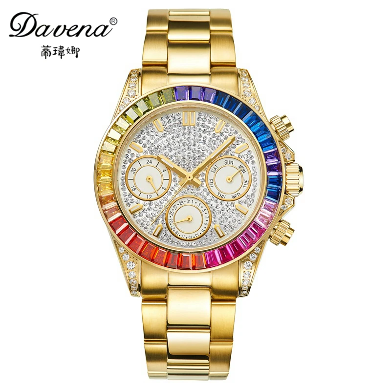 Best women Gold Silver stainless steel watch Calendar crystal watches Fashion quartz wristwatches Davena 60638 3
