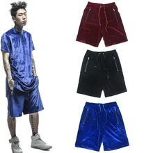 Бархатные свободные летние шорты в стиле хип-хоп, крутые синие уличные модные шорты с эластичной резинкой на талии