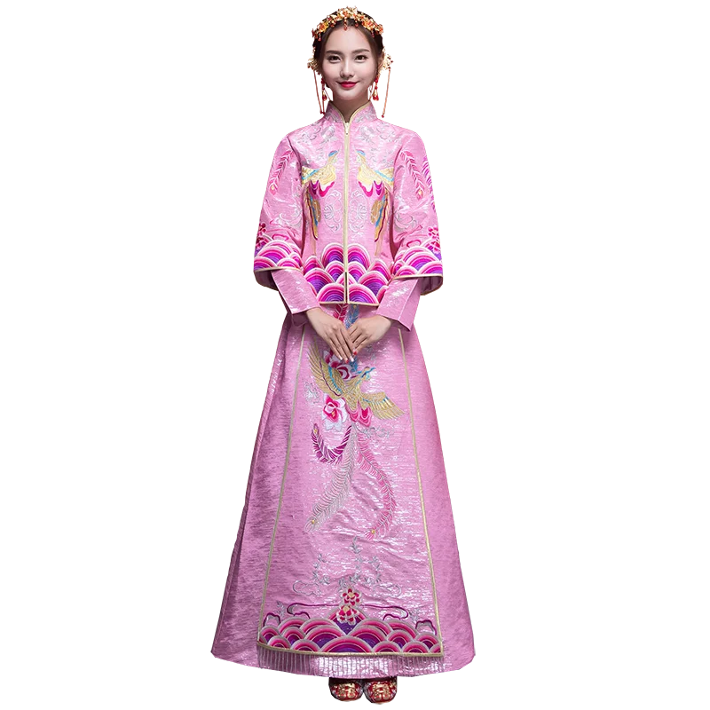 Юго-Восточной Азии Малайзии традиционные свадебные Cheongam шоу кимоно платье Феникс платье халат розовый невесты китайский торжественное