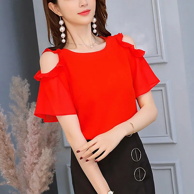 Summer Ladies Black Tops Chiffon Shirts Blouses Women Sheer Cheap Clothes China Femininas Camisas Clothing Female - Цвет: Красный