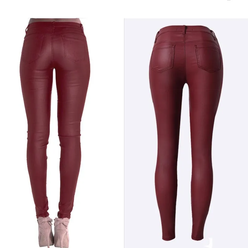 Для женщин высокой талией джинсы летние модные узкие брюки цвет красного вина Тощий Эластичный Джинсы с покрытием молния Украсить полная длина красный джинсы