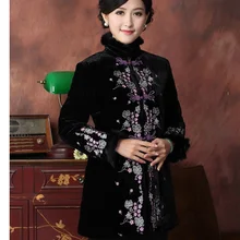 Новинка, Высококачественная Черная Женская зимняя велюровая стеганая куртка с вышитыми цветами и кроличьим мехом, M L XL XXL 3XL 4XL, TF, 004