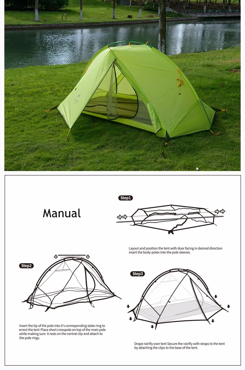 Naturehike 1KG  Single Person Backpacking Tent Pro 20D Silicone Fabric Rainproof Single Pole Ultralight NH Outdoor Hiking Camping