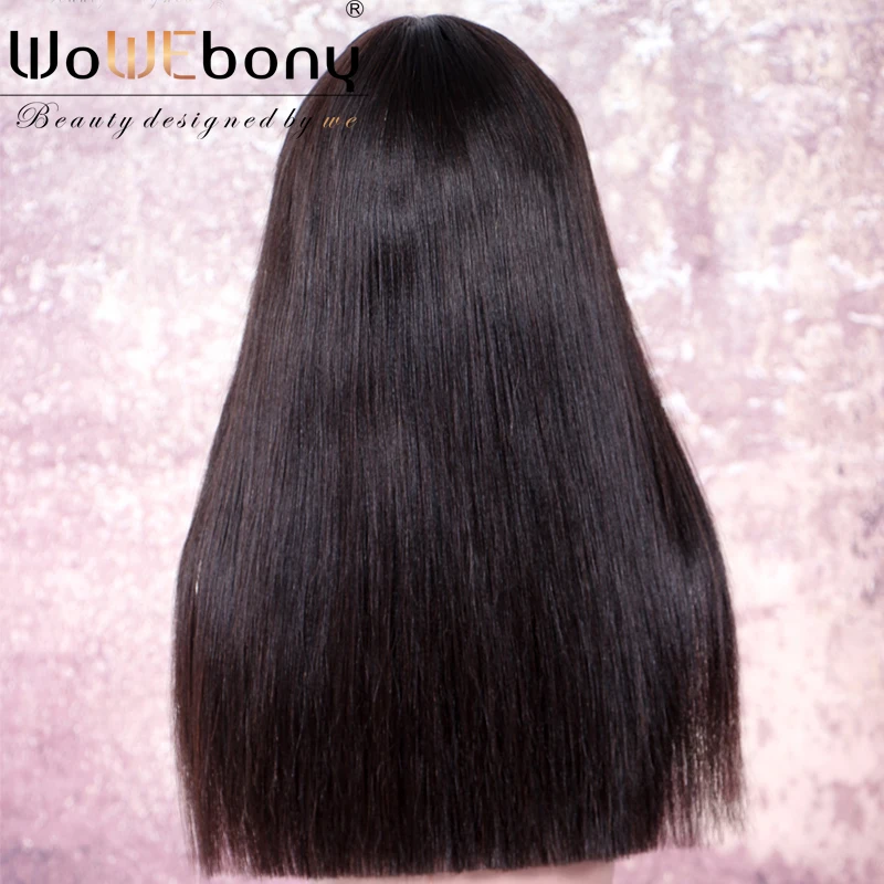 Yaki Straight Glueless Lace Front Human Hair Wigs With Full Bangs Brazilian Remy Hair Regular Yaki Silk Top Lace Wig Whorl