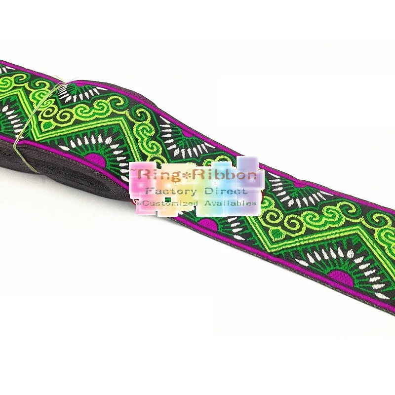 

6.6cm 66mm 2-5/8' Green Purple Zigzag Sunrise Miao Symbol Antelope Horn Ethnic Curtain Laciness National Jacquard Webbing Ribbon