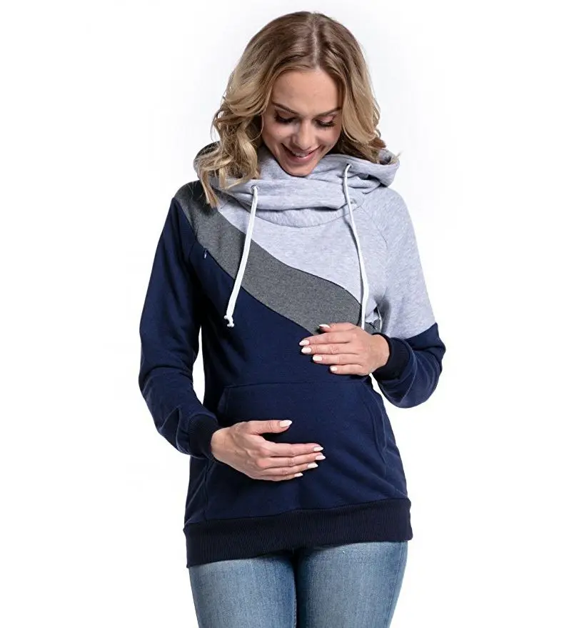 Plus Size Pregnancy Nursing Long Sleeves Maternity Clothes Hooded Breastfeeding Tops Patchwork T-shirt for Pregnant Women