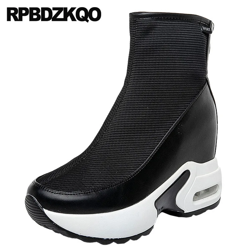 

booties flatform 2018 round toe casual black white platform boots creepers high heel mesh shoes summer short wedge women muffin