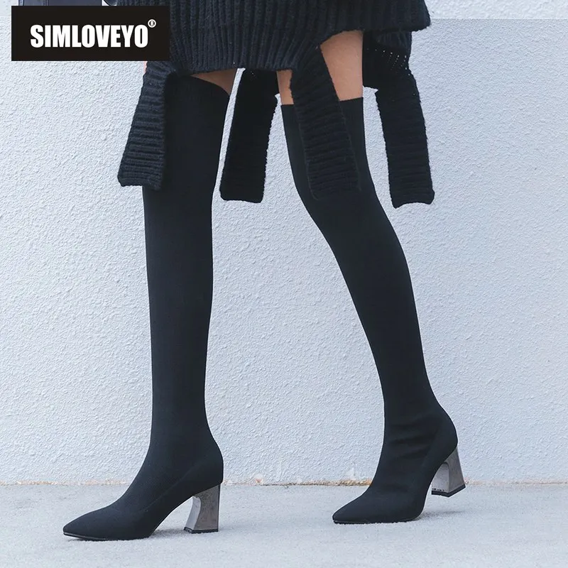 

SIMLOVEYO 2020 Winter Knitting Over The Knee Women Boots Stretch Fabrics Block High Heel Slip on Pointed Toe Woman Long Size 42