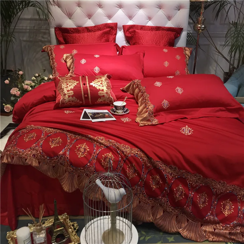 600TC Egyptian Cotton Lace Red Bedding Set Luxury Queen ...