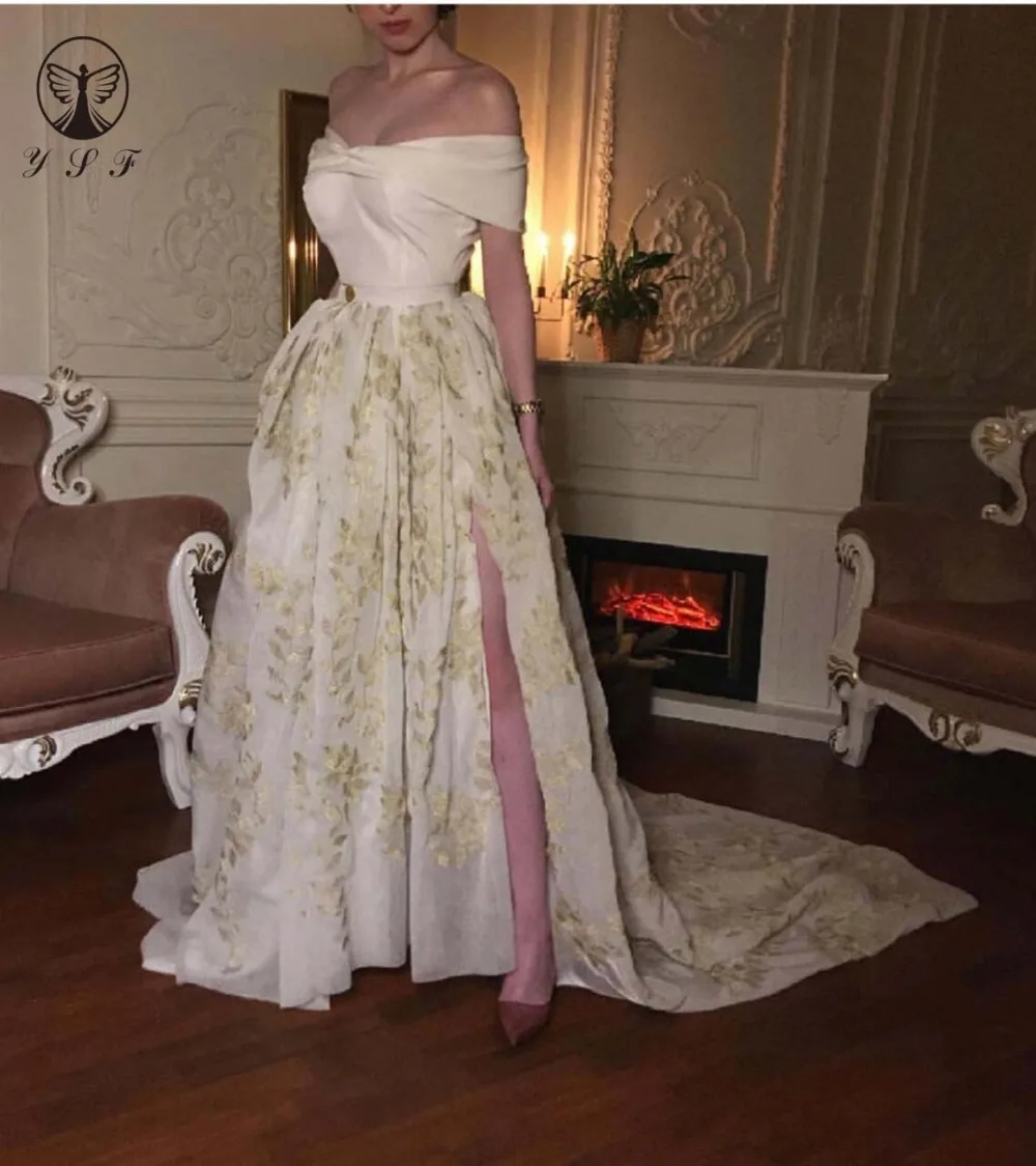 

YSF Contrast Color Sweetheart Short Sleeve Appliqued Gold Lace Floor Length A Line Prom Dresses 2019