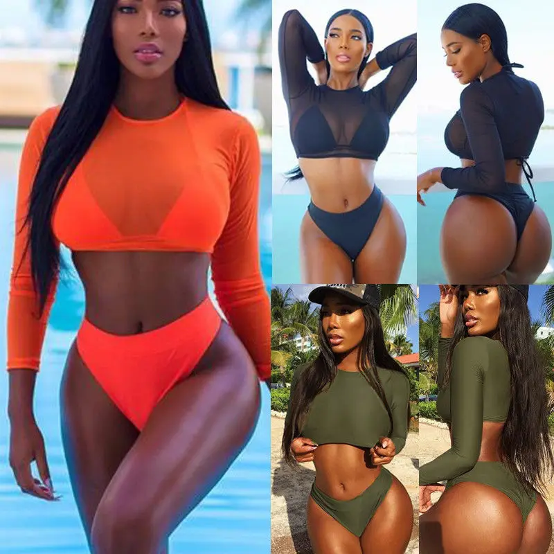 WoSexy 2019 Высокая талия купальники бикини набор с длинным рукавом пуш ап Мягкий