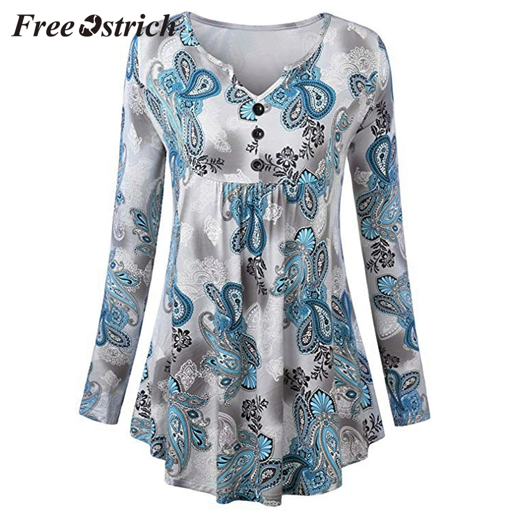 

Free Ostrich Tops And For Women Casual V-neck Button Print Long Sleeve Loose Tops T-shirt Soft Long Sleeve Tops