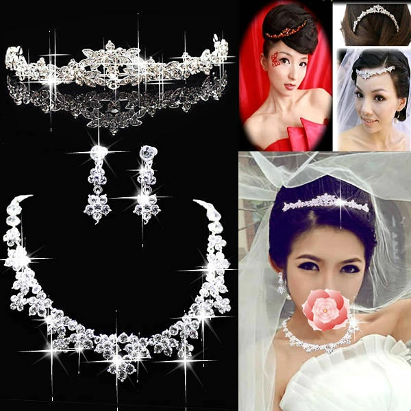 Crystal Necklace Earrings, Flower Crown Headband Veil Tiara Wedding Jewelry Set (4)