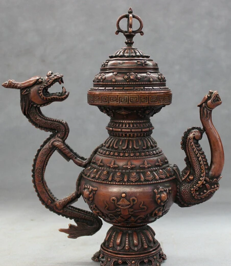 JP S0608 12&quot Tibet Red Bronze Buddhism Auspicious Dragon Head Statue Wine Pot Teapot Discount 35% | Дом и сад