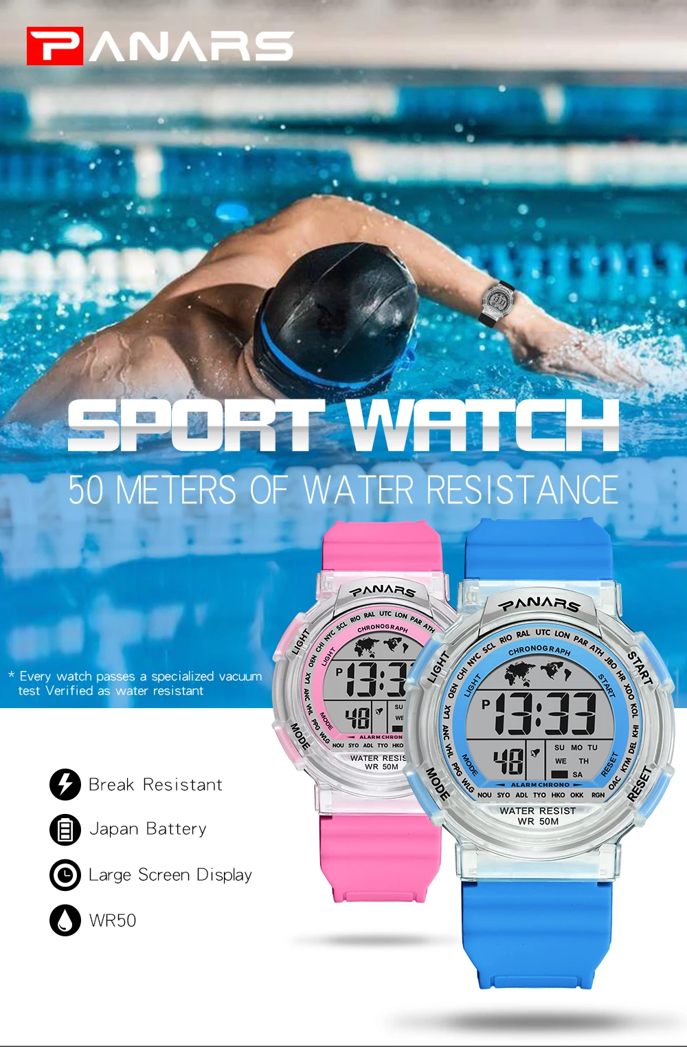 Children's Watches 50m Waterproof PANARS LED Multifunction Dual Tim Digital Kids Wrist Watches Children Watch For Boy Girl