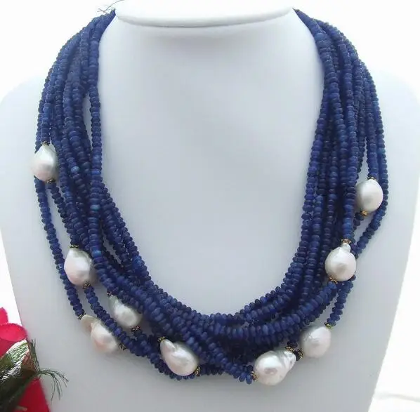 Beautiful 10 row 4mm Blue Faceted bead 16mm Keshi Pearl Necklace