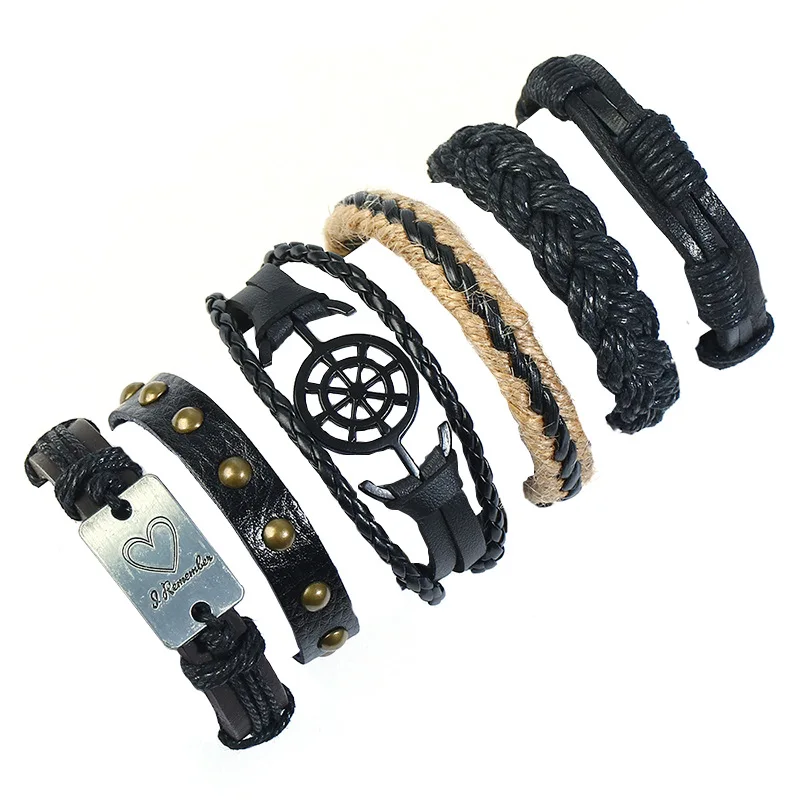 

6pcs/set European and American vintage woven multi-layer cowhide bracelet cross-border source of men's combination suit leather