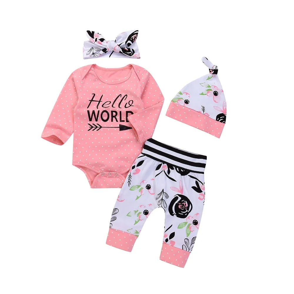 

4PCS Toddler Baby Letter Print Romper+Floral Print Pants+Hat+Headband Set Outfit Wholesale&Dropshipping Free delivery#40