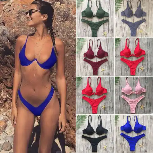 Sexy Women Push Up Bandage Solid Bikini 