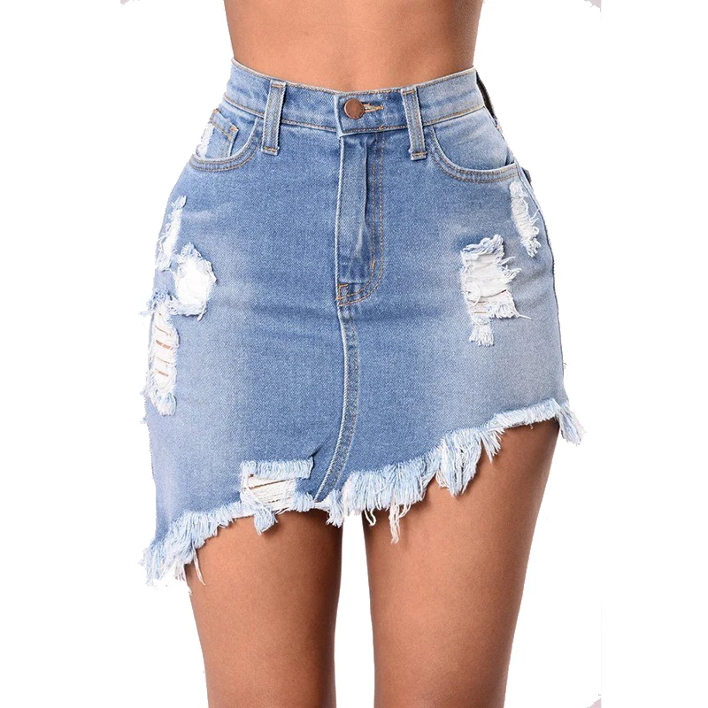 Women High Waist Ripped Holes Blue Denim Skirt Pocket Bodycon Midi