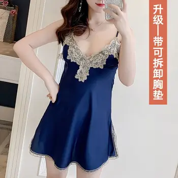 

Hot Sale Summer Female Sexy Nightgown With Bra Women Suspender Skirt Women Leisure Soft Solid Sleepwear Nightdress M L XL