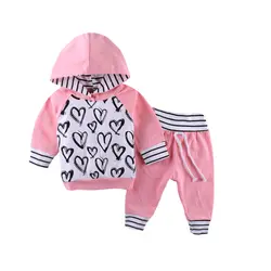 2018 весенние детские комплект одежды для девочек сердце partten 2 шт. комплект одежды толстовка с капюшоном + штаны для малышей Дети Одежда для