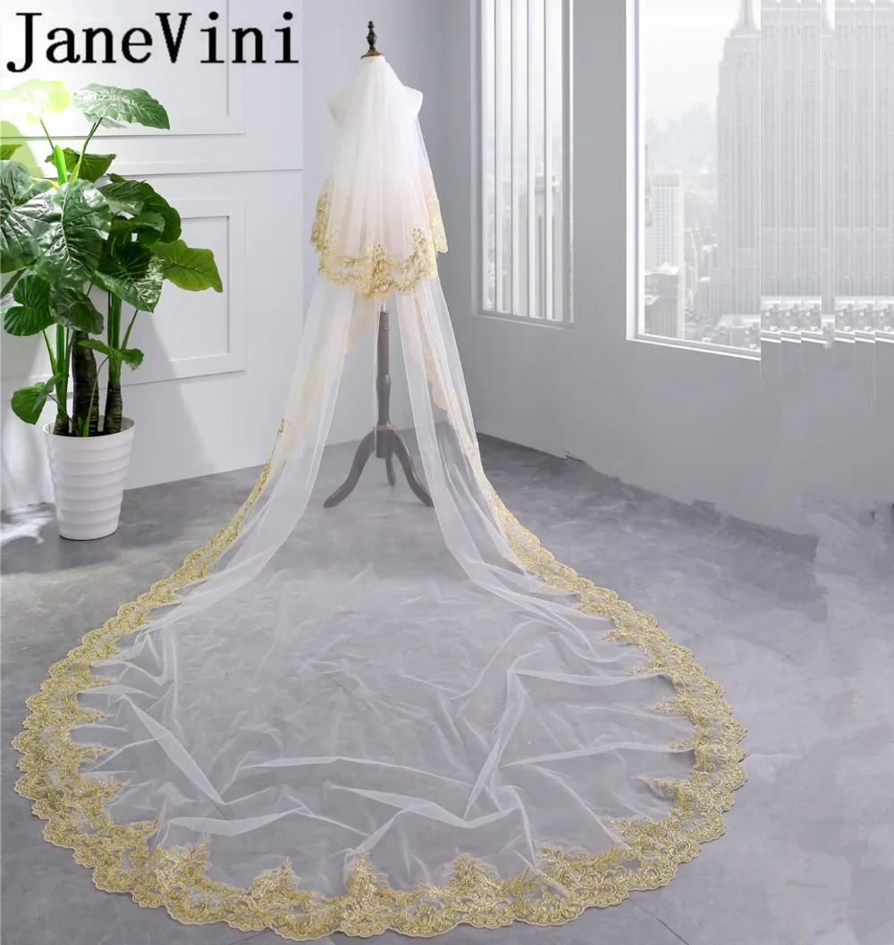 JaneVini 2018 Two Layers Long Bridal Veils Gold Lace Edge Sequins Wedding Veil with Comb White Cathedral Length Sluier Met Kant | Свадьбы и