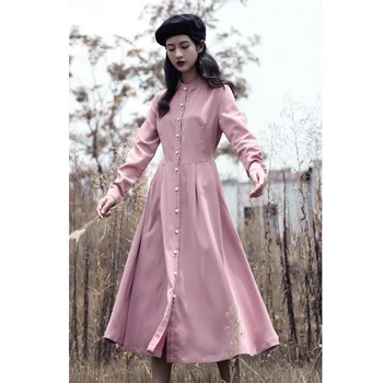 

Spring/Autumn New Long Sleeve Stand Collar Casual Dress Single-Breasted Long Vintage Designer Dress 2019 Women Party Dresses