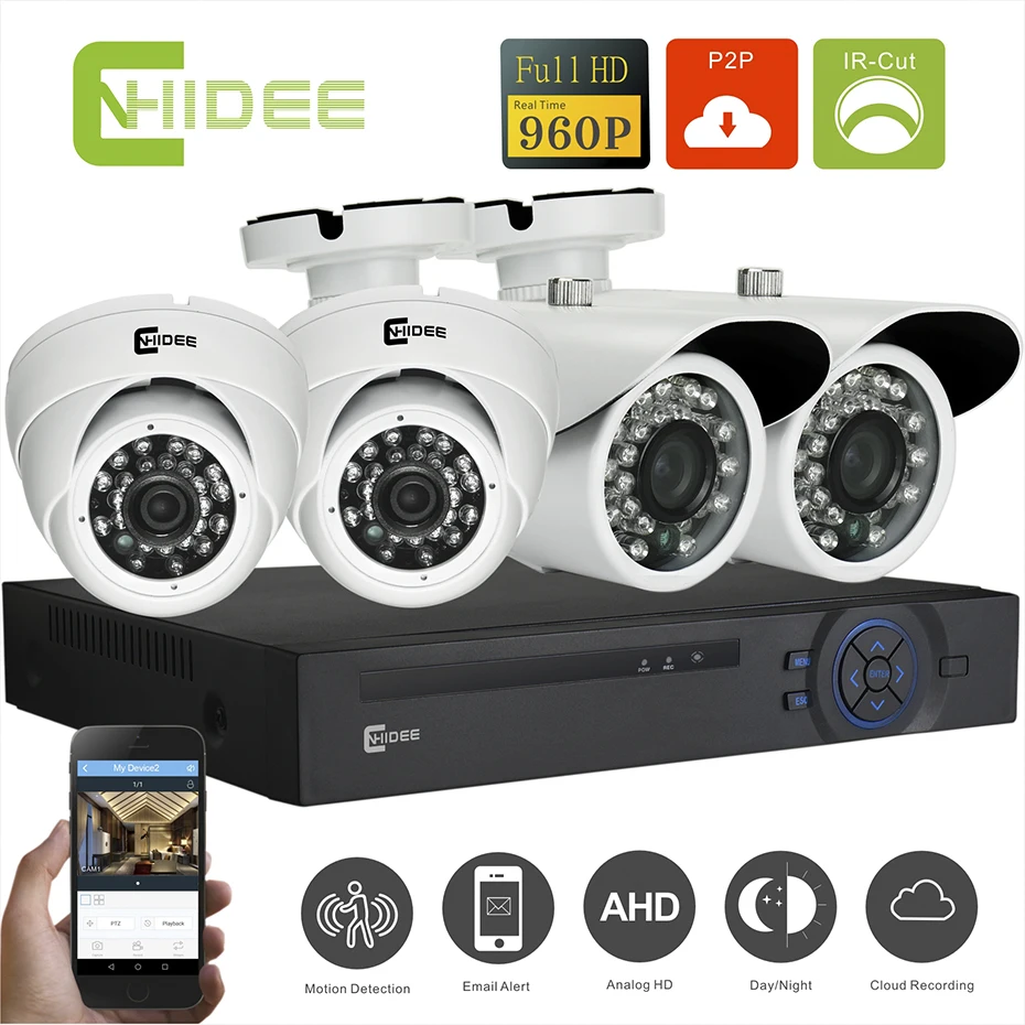 Cnhidee Home Security Camera System KIT Video Camera De Surveillance System Video 4CH HD Outdoor Night Vision 960P Buiten Dome .